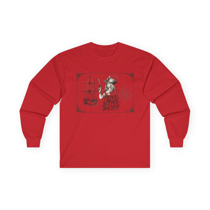 Live Free, Sail Wild Pirate Lady with Back Quote "I’m the Storm You Saw Coming" - Gildan Adult Long Sleeve Ultra Cotton T-Shirt