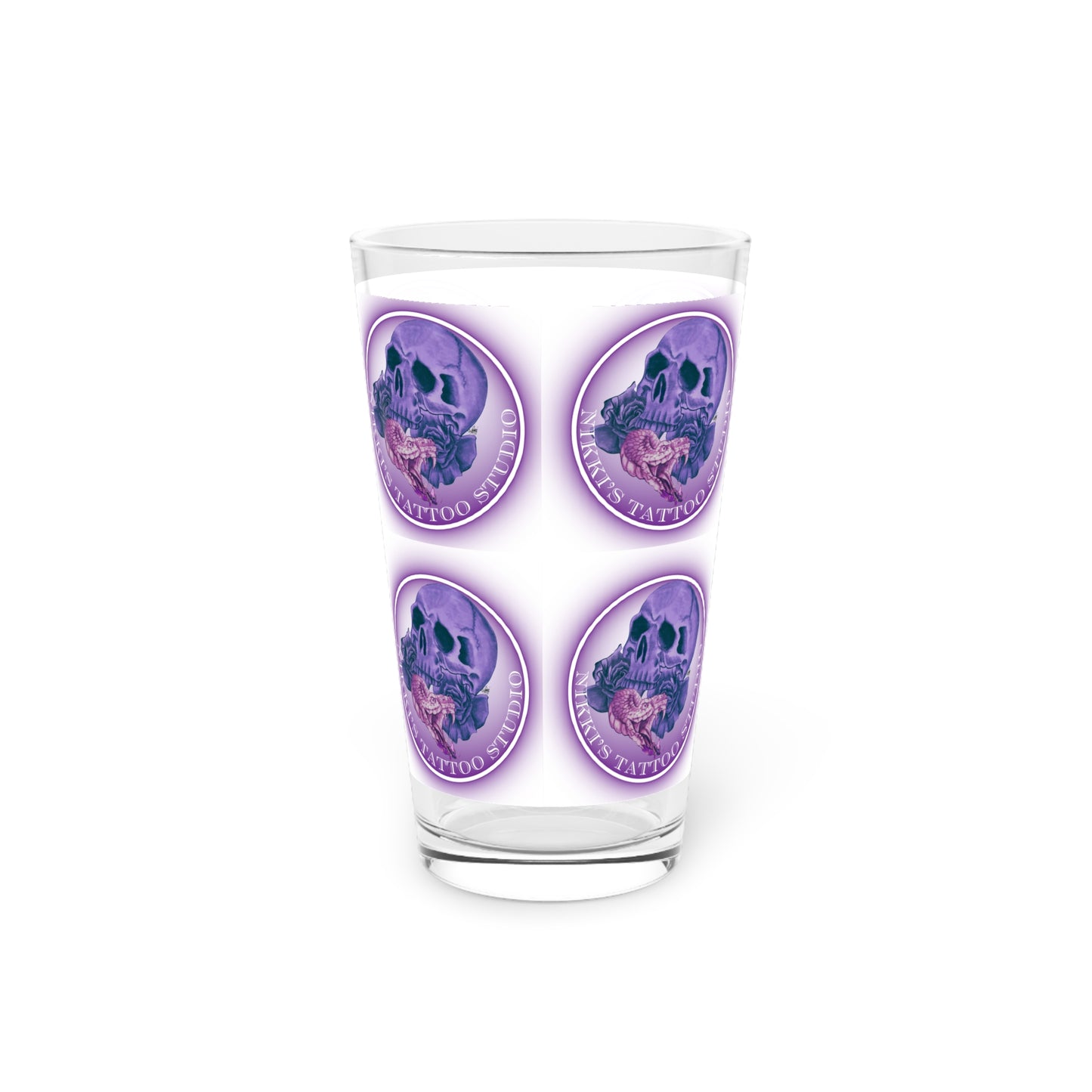 Nikki's Tattoo Studio Collection - Skull and Snake Logo, Beer 16oz Pint Glass