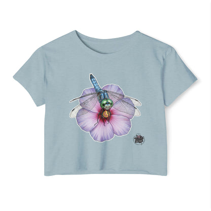 Dragonfly Hibiscus - Stonewashed Denim - Cropped TShirt (XS-2XL)