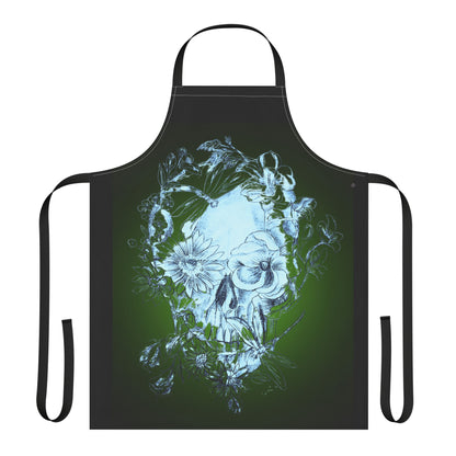 Floral Skull and Dragonfly Tattoo Art (Green) on Black Apron