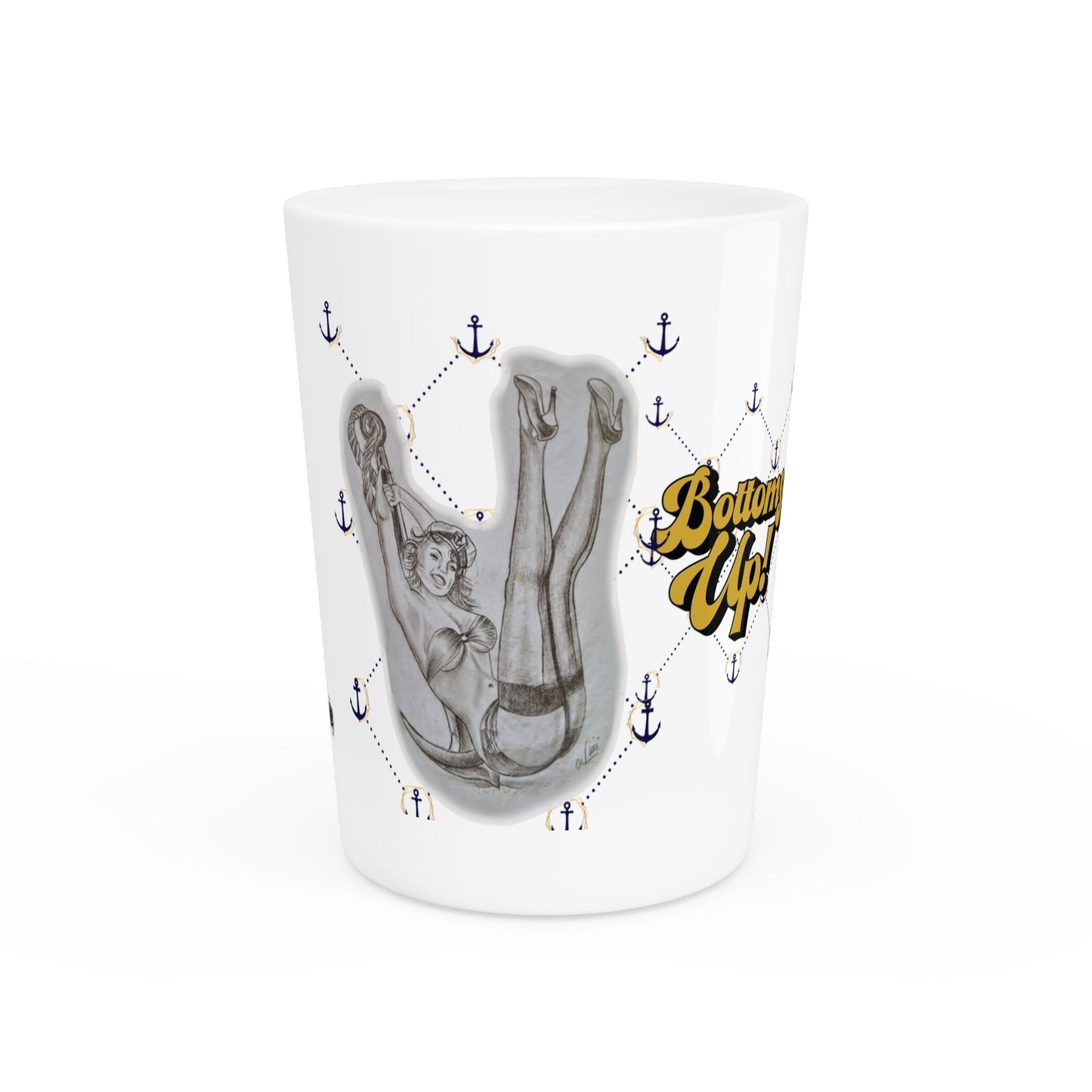 Vintage Sailor Girl Artwork and BOTTOMS UP - Ceramic Shot Glass
