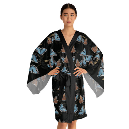 Blue Morphis Butterfly Kimono Robe — Silky Long-Sleeve Lounge & Party Wrap