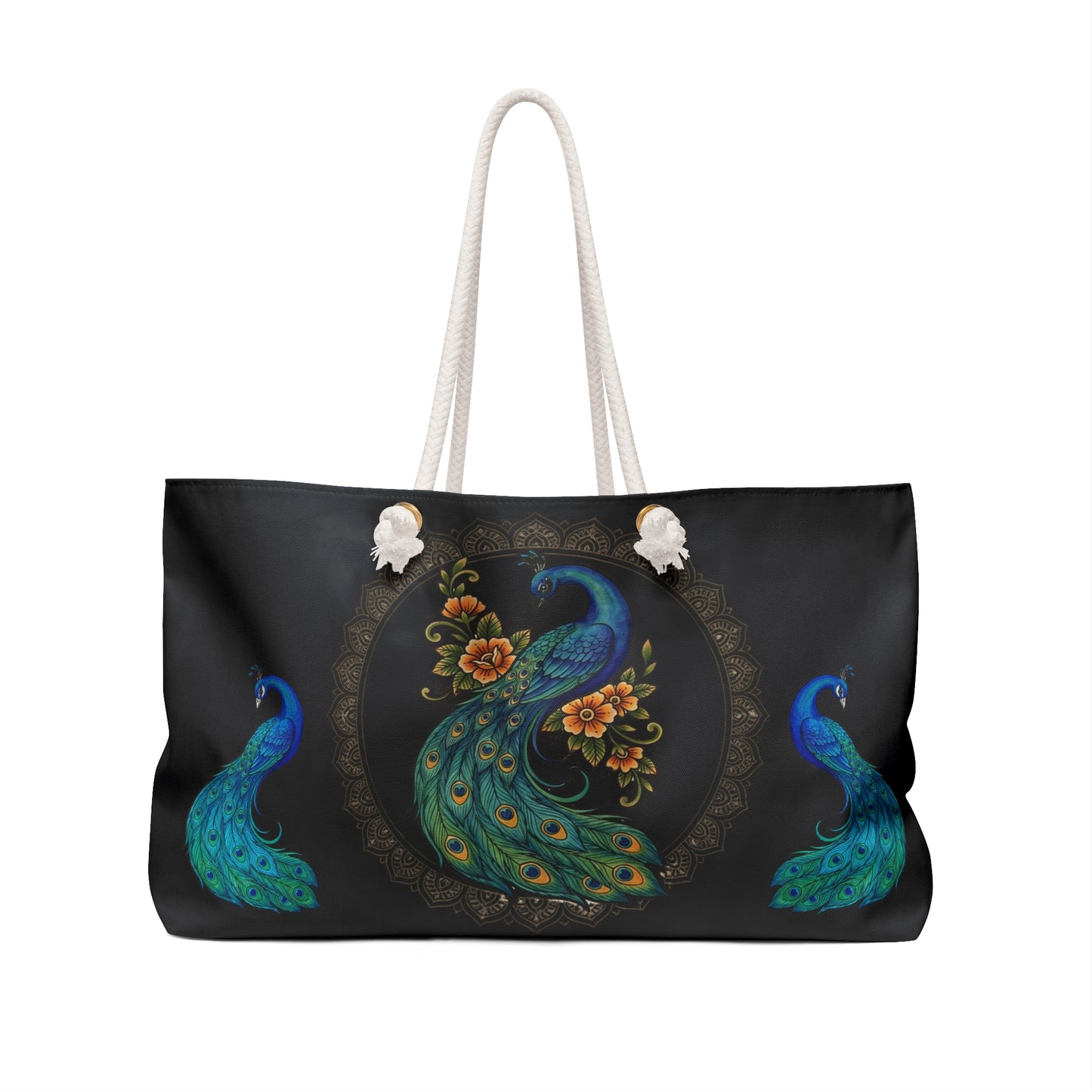 Floral Peacock - Weekender Bag (Black) — Spacious Travel Tote with Elegant Bird Mandala Design