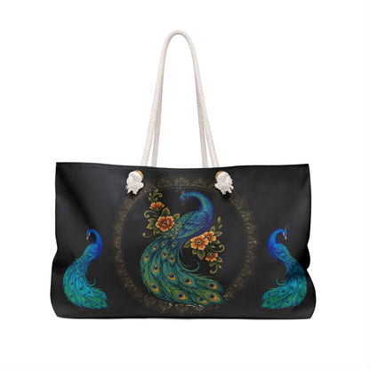 Floral Peacock - Weekender Bag (Black) — Spacious Travel Tote with Elegant Bird Mandala Design