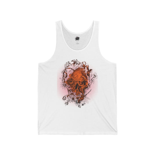 Floral Skull and Dragonfly Tattoo Art (Orange) - - Unisex Jersey Tank
