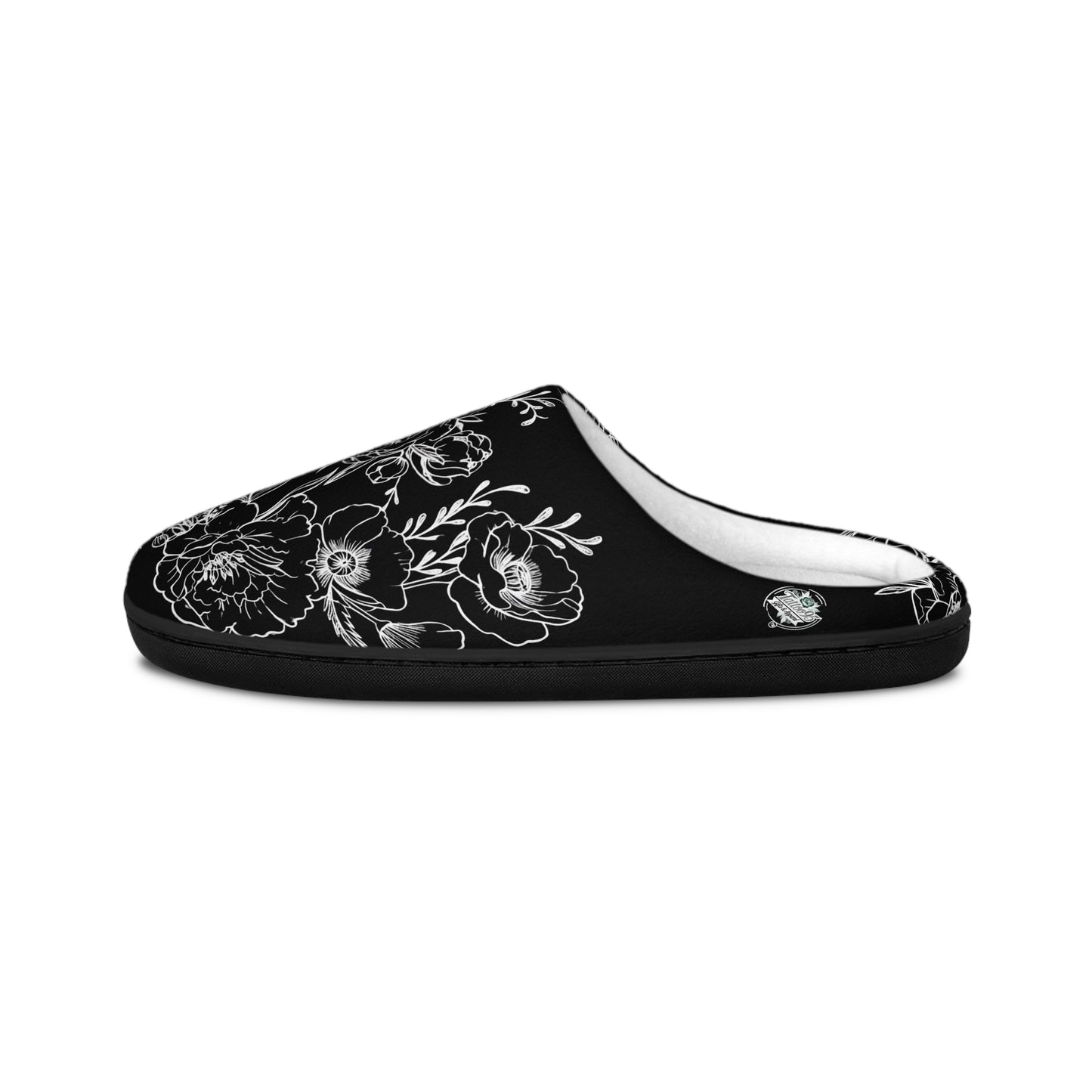 Peonies Tattoo Artwork Black Slippers - White Sketch - Women's Indoor Slippers