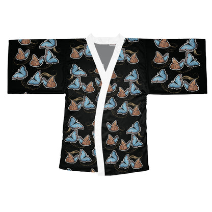 Blue Morphis Butterfly Kimono Robe — Silky Long-Sleeve Lounge & Party Wrap