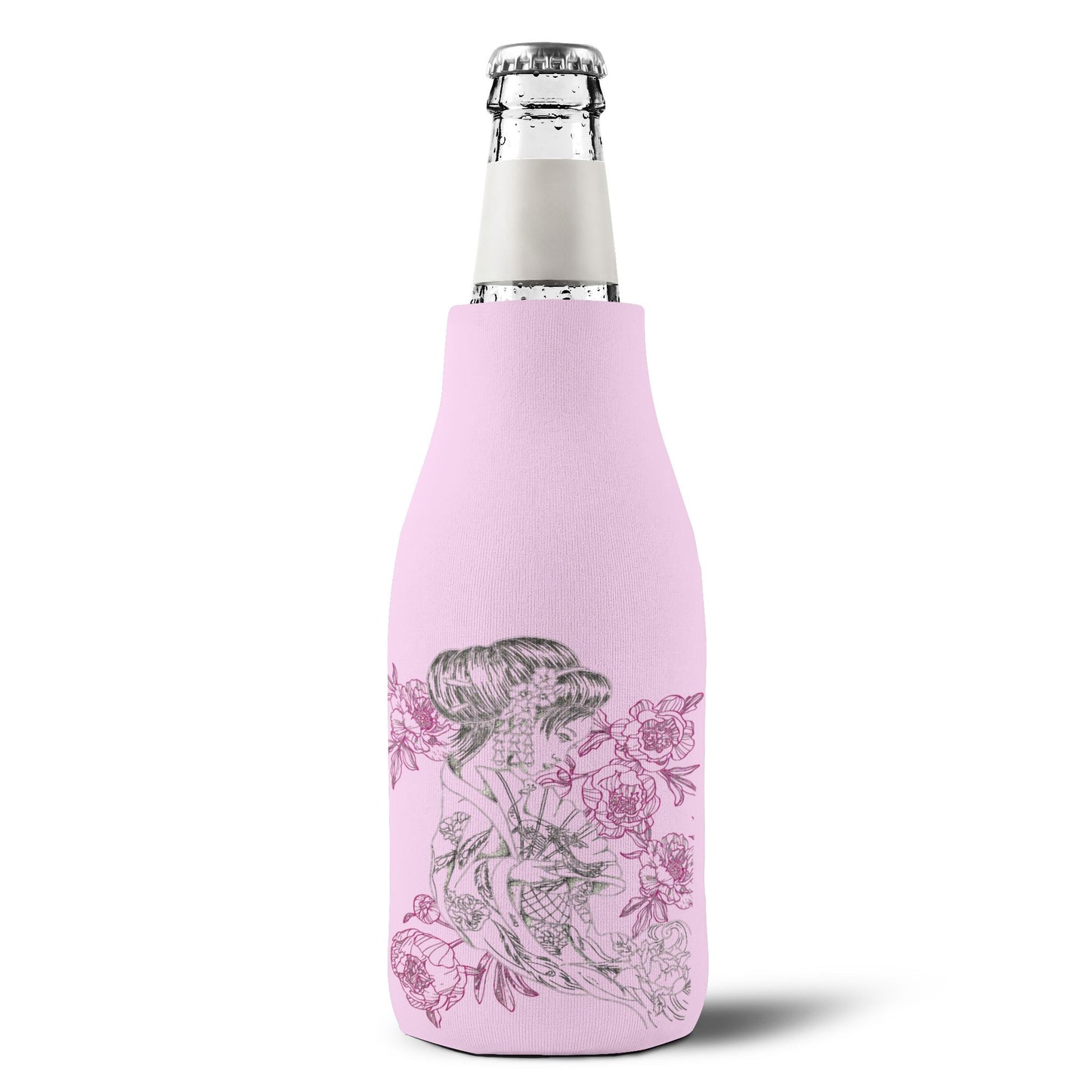 Flowing Geisha Zip-Up Bottle Cooler Sleeve — Insulated Glass Bottle Koozie for Weddings & Events