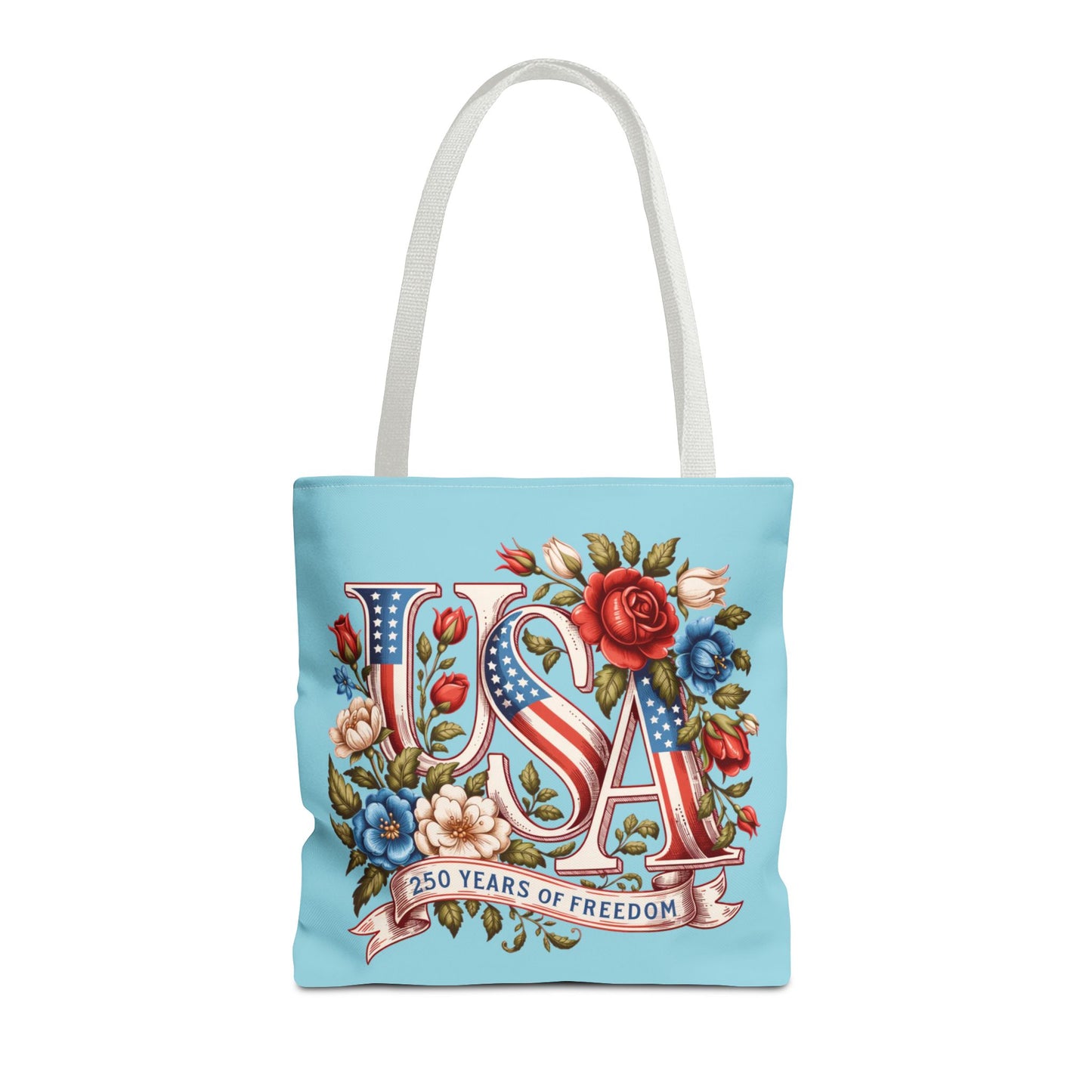 Floral USA -- Happy 250th Birthday America Tote Bag — Patriotic 4th of July Celebration Tote