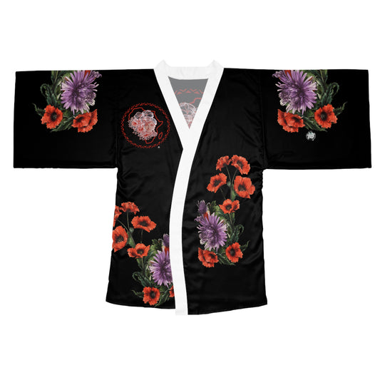 Sacred Beauty with Red Poppy Purple - Kimono Robe — Silky Long-Sleeve Lounge & Party Wrap
