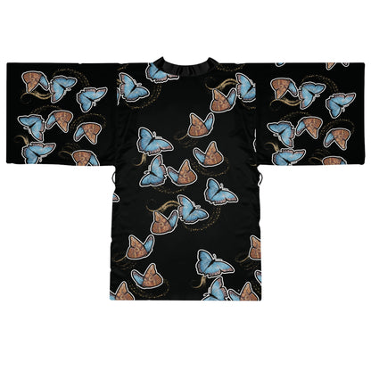 Blue Morphis Butterfly Kimono Robe — Silky Long-Sleeve Lounge & Party Wrap