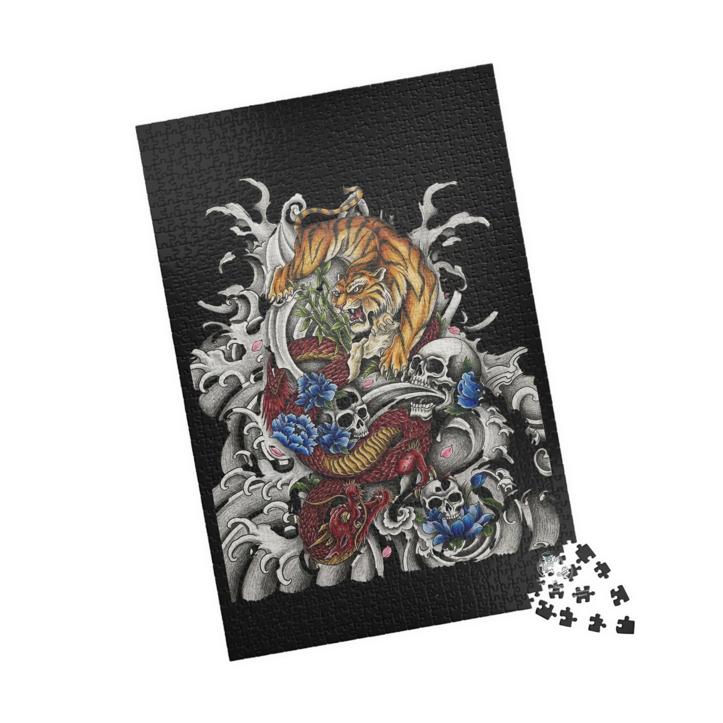 Tiger, Dragon & Skulls - Tattoo-Style Puzzle — Jewel-Toned Glossy Art (110/252/520/1014 pcs)