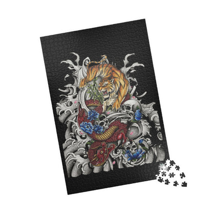 Tiger, Dragon & Skulls - Tattoo-Style Puzzle — Jewel-Toned Glossy Art (110/252/520/1014 pcs)