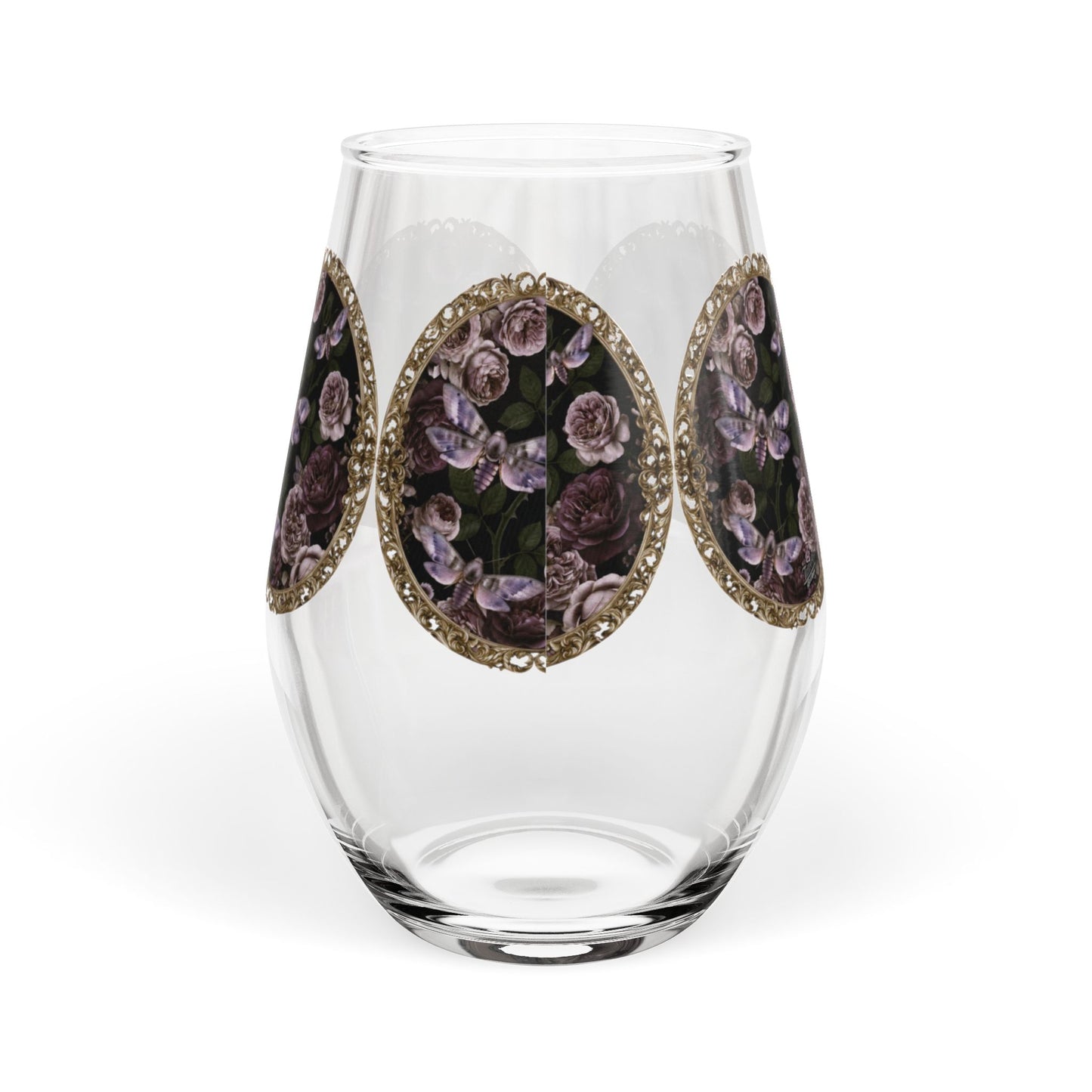 Purple Moths Vintage Floral Medallion Stemless Wine Glass — 11.75 oz