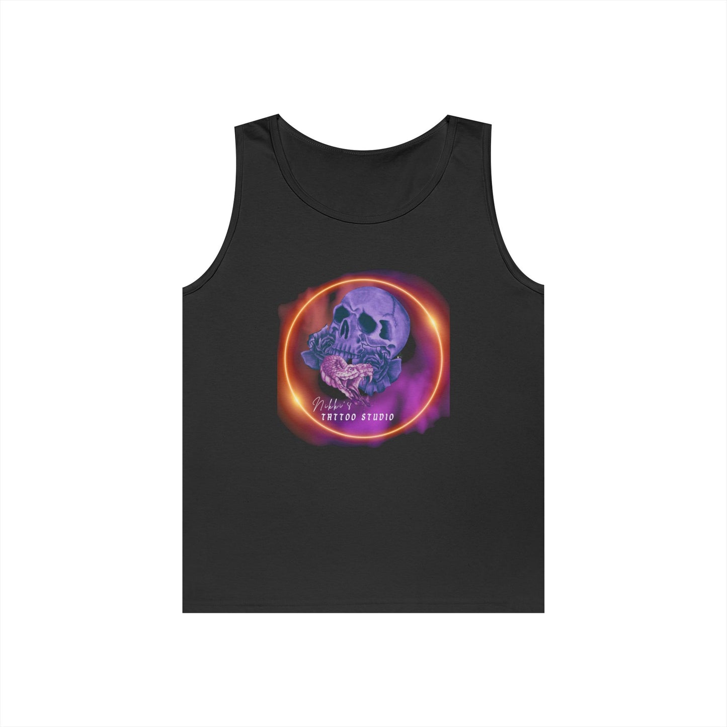 Nikki's Tattoo Studio Collection - 30 Year Anniversary Edition - Skull and Snake Logo Unisex Heavy Cotton Tank Top - Black & Grey
