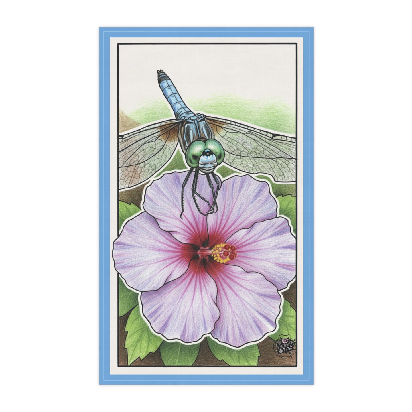 Dragonfly Hibiscus - Tea Towel - Sky Blue Kitchen Towel
