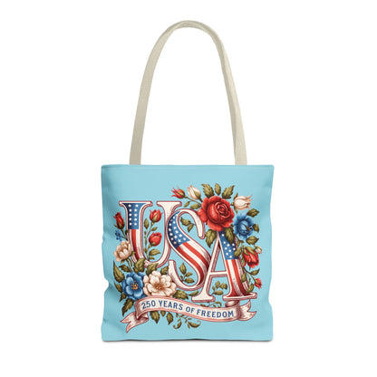 Floral USA -- Happy 250th Birthday America Tote Bag — Patriotic 4th of July Celebration Tote