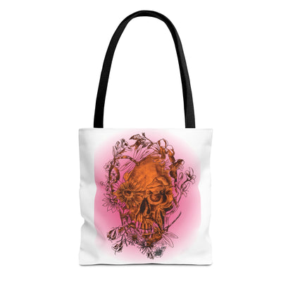 Floral Skull and Dragonfly Tattoo Art (Orange) - Tote Bag (3 Sizes)