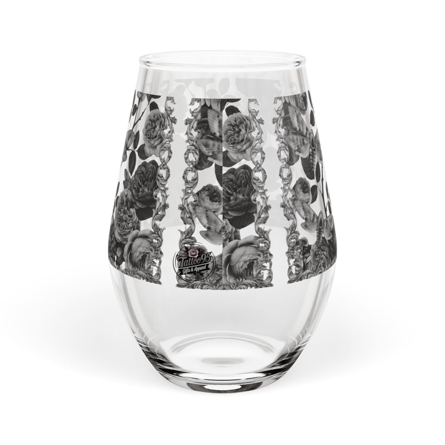 Black Rose Moths Stemless Wine Glass — Floral 11.75 oz Decorative Glassware