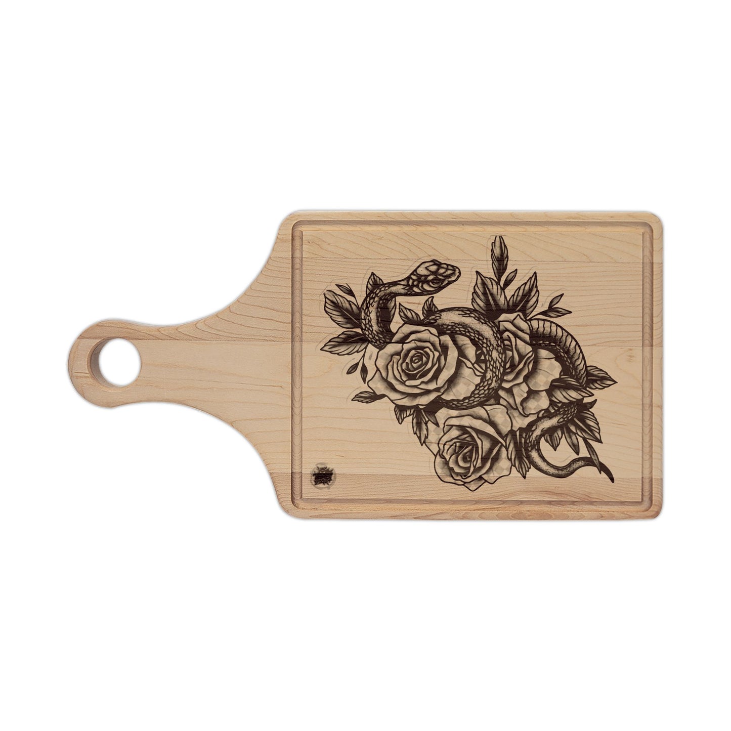 Snake & Roses Engraved Wooden Cutting Board — Decorative Paddle & Rectangular Serving Board
