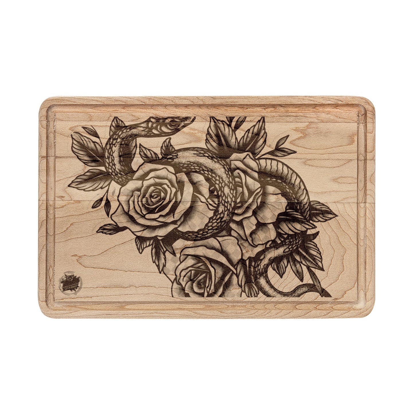Snake & Roses Engraved Wooden Cutting Board — Decorative Paddle & Rectangular Serving Board