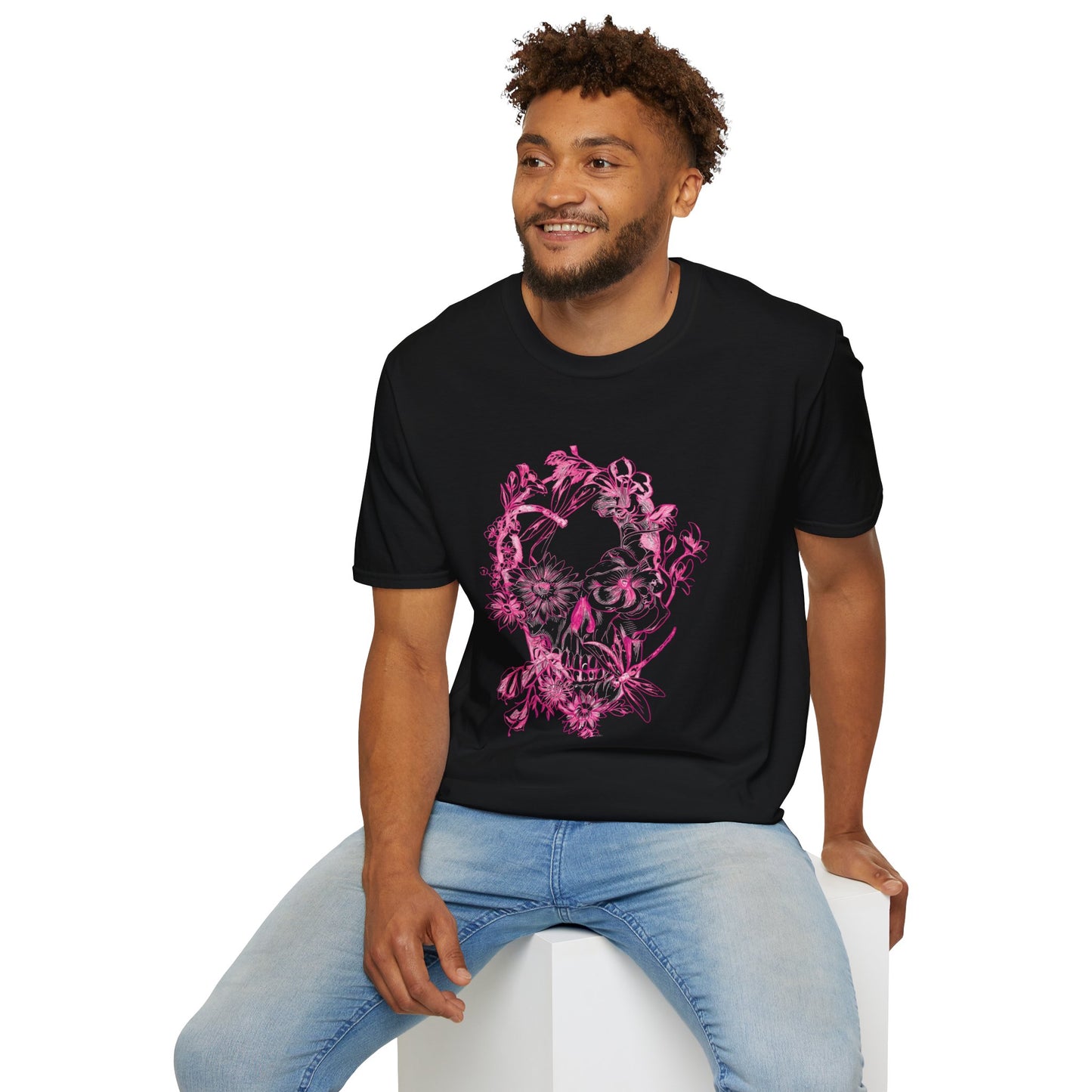 Floral Skull and Dragonfly Tattoo Art (Pink) - Unisex Softstyle T-Shirt