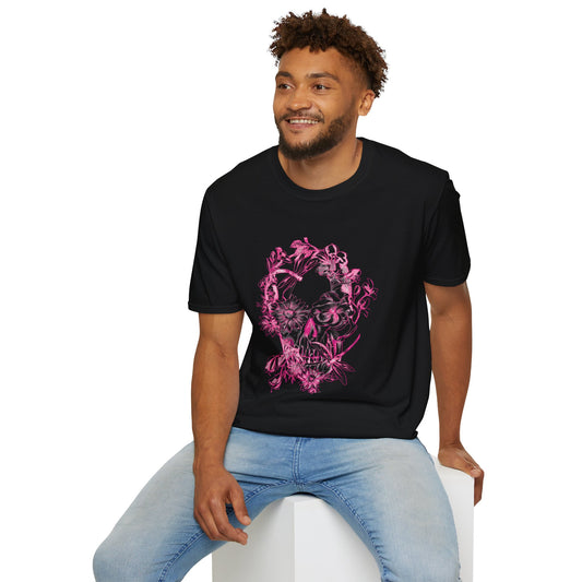 Floral Skull and Dragonfly Tattoo Art (Pink) - Unisex Softstyle T-Shirt