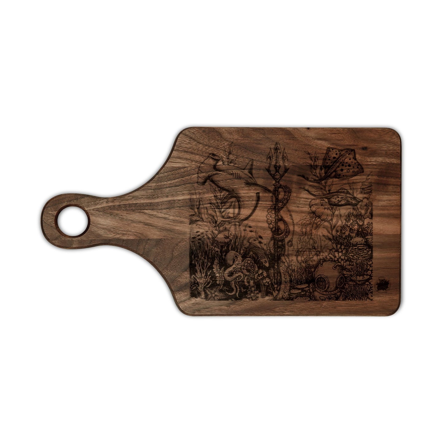 Engraved Ocean Tattoo Cutting Board — Underwater Journey Wood Paddle & Rectangular