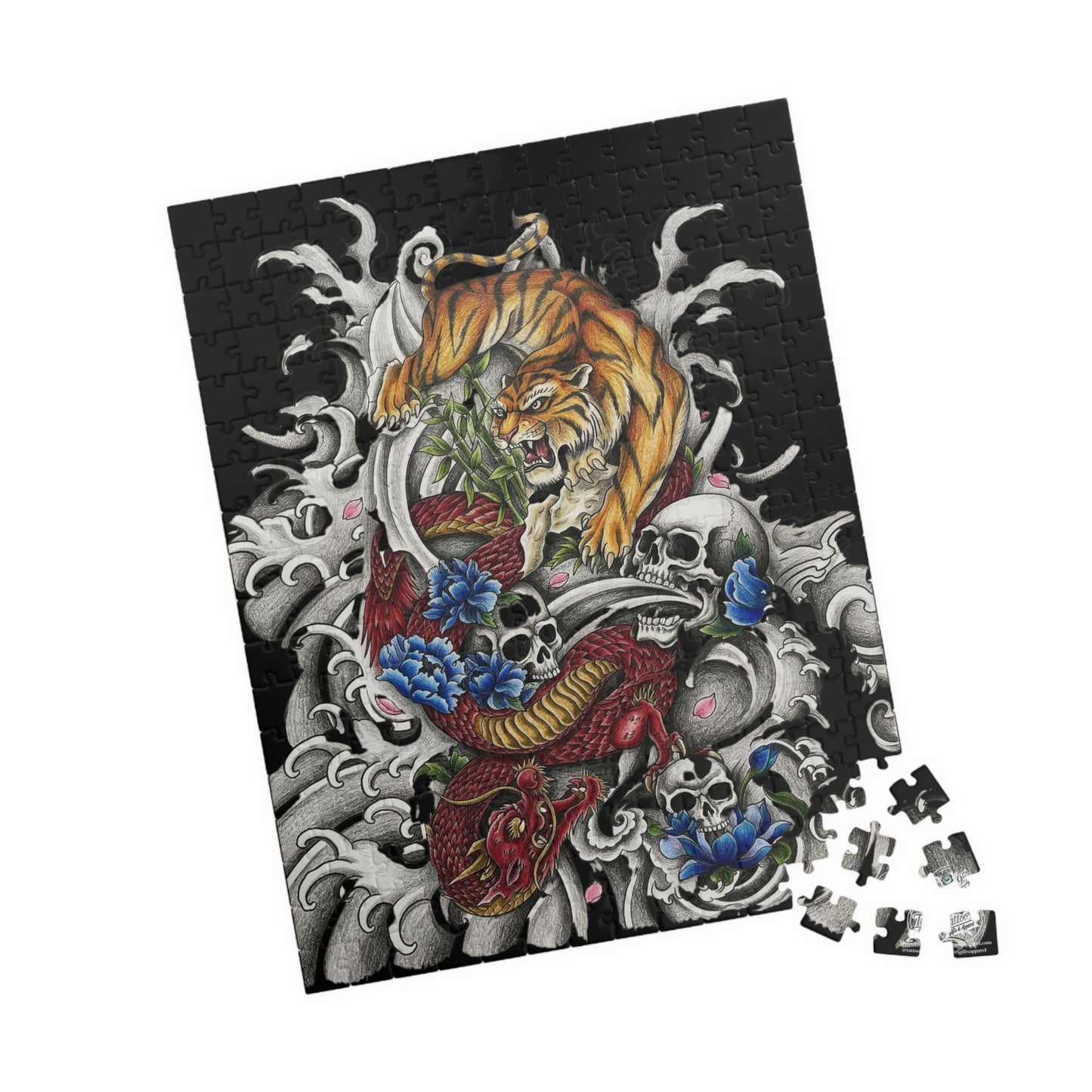 Tiger, Dragon & Skulls - Tattoo-Style Puzzle — Jewel-Toned Glossy Art (110/252/520/1014 pcs)