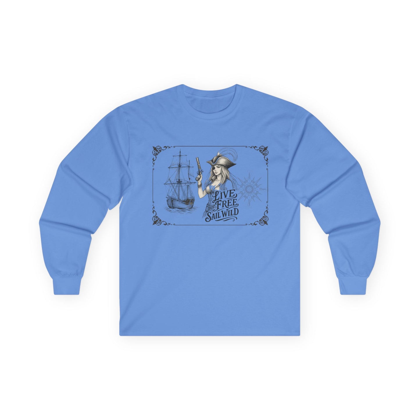 Live Free, Sail Wild Pirate Lady with Back Quote "I’m the Storm You Saw Coming" - Gildan Adult Long Sleeve Ultra Cotton T-Shirt