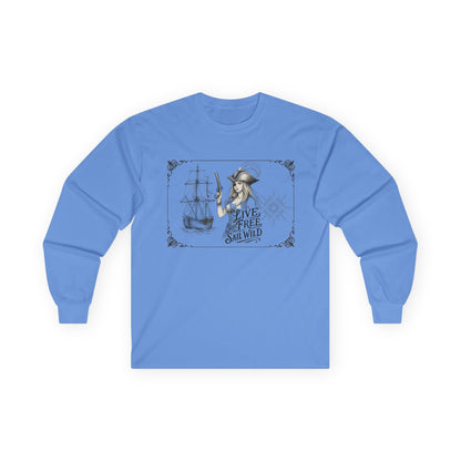 Live Free, Sail Wild Pirate Lady with Back Quote "I’m the Storm You Saw Coming" - Gildan Adult Long Sleeve Ultra Cotton T-Shirt