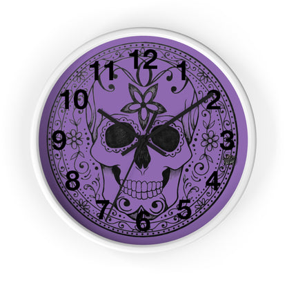 Sugar Skull - Wall Clock — Purple Background (Black or White Base)