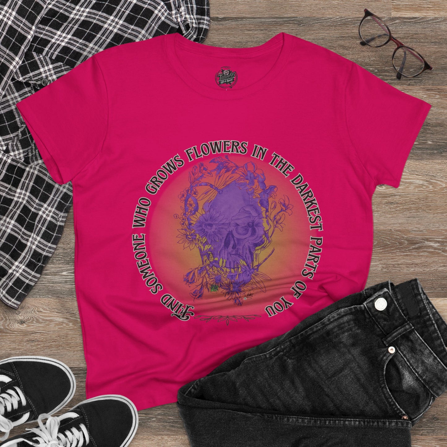 Floral Skull and Dragonfly Tattoo Art (Purple) Find Someone Who Grows Flowers In The Darkets Part of You Quote - Unisex TShirts