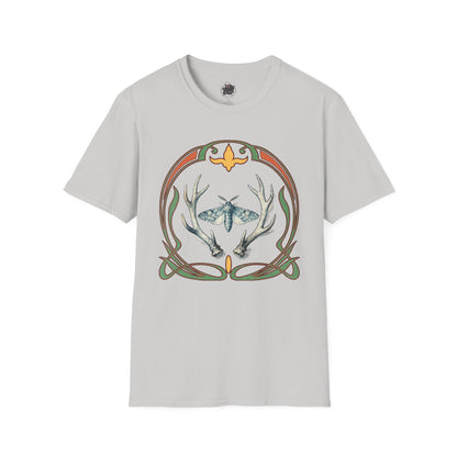 Moth & Antler Tattoo Art - T-Shirt — Nature-Inspired Celtic Frame Graphic Tee