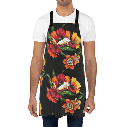 Orange & Red Poppy Flowers Original Tattoo Artwork - Black Apron