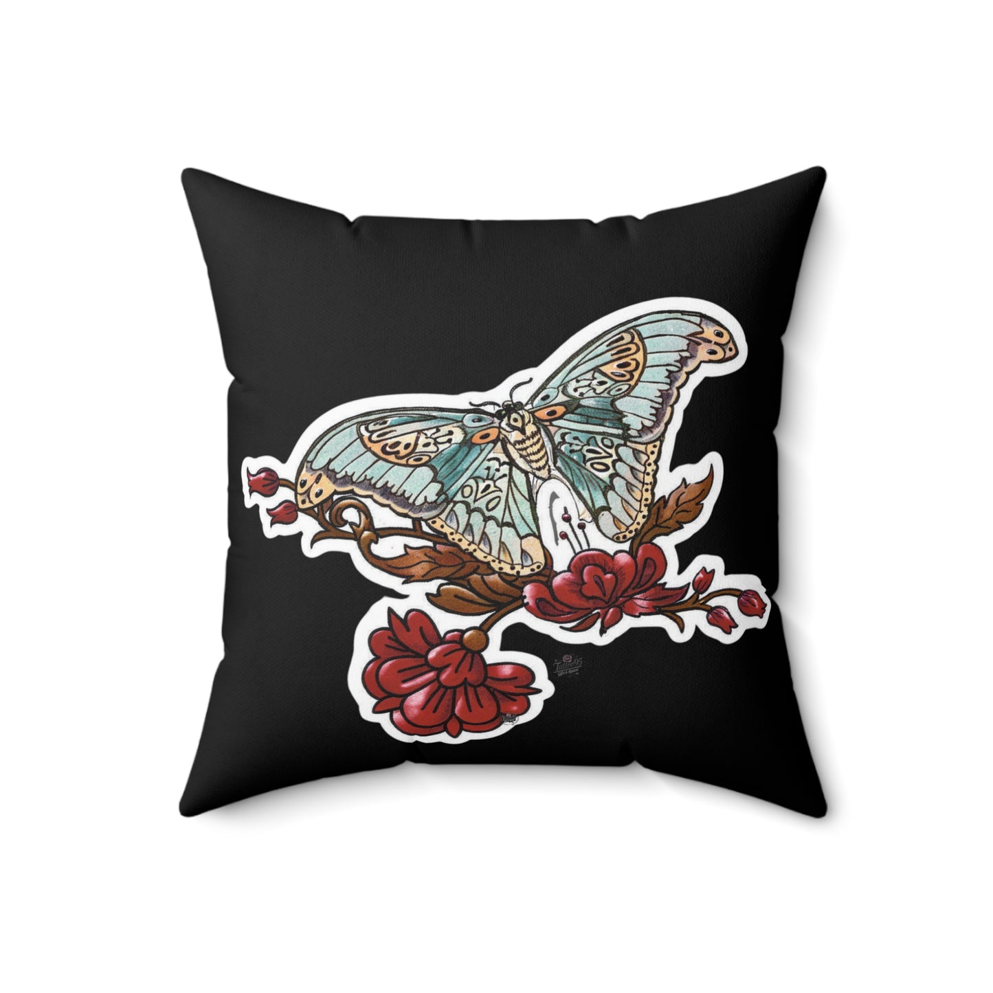 Moth Tattoo Art Pillow — Black Double-Sided Spun Polyester Decorative Pillow