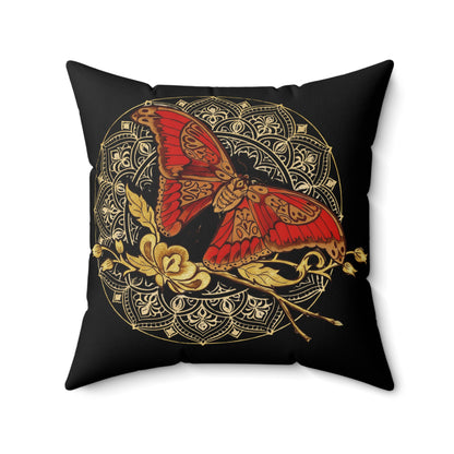 Red & Gold Moth Tattoo Pillow — Spun Polyester Decorative Black
