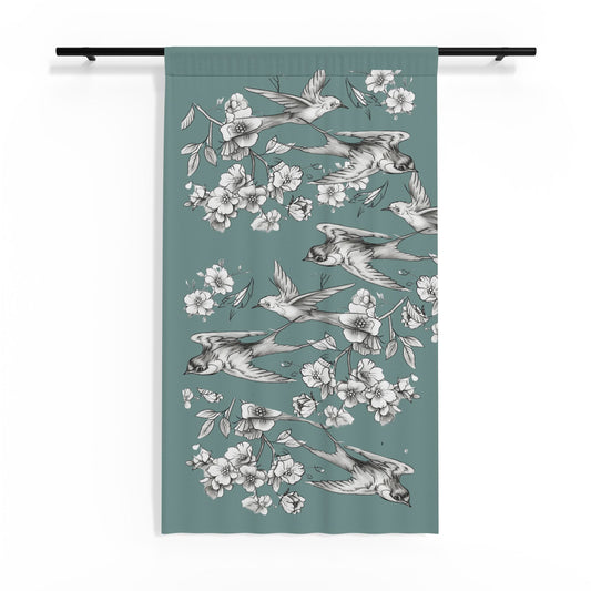 Swallow & Cherry Blossom Teal Sheer Curtain — Floral Window Panel