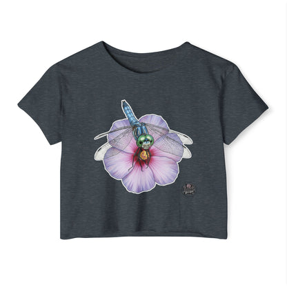 Dragonfly Hibiscus - Antique Denim Cropped TShirt (XS-2XL)
