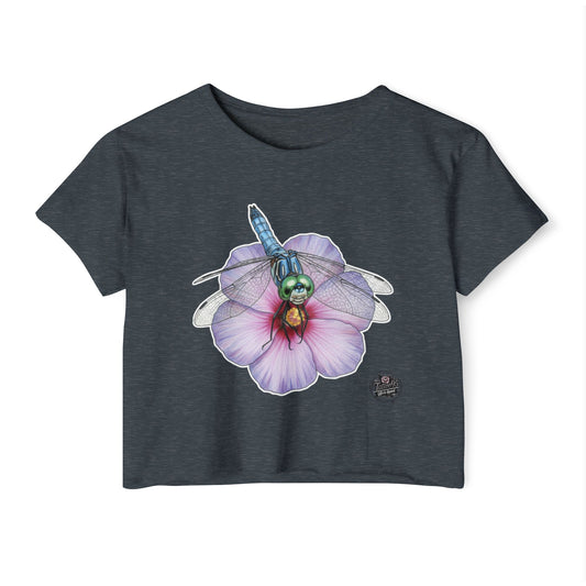 Dragonfly Hibiscus - Antique Denim Cropped TShirt (XS-2XL)