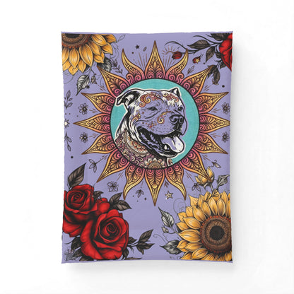 Sun Pittie with Sunflowers & Roses - Boho Floral Pet Portrait Cotton Comforter - Soft White Down Alternative Duvet