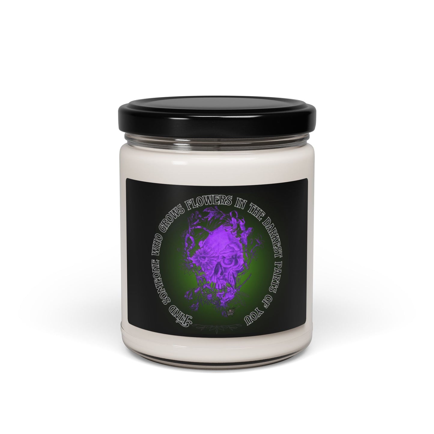 Floral Skull and Dragonfly Tattoo Art (Purple) - Find Someone Who Grows Flowers in the Darkest Parts of You Quote 9oz Candle, Long-Burn Aromatic Candle Scented and unscented.
