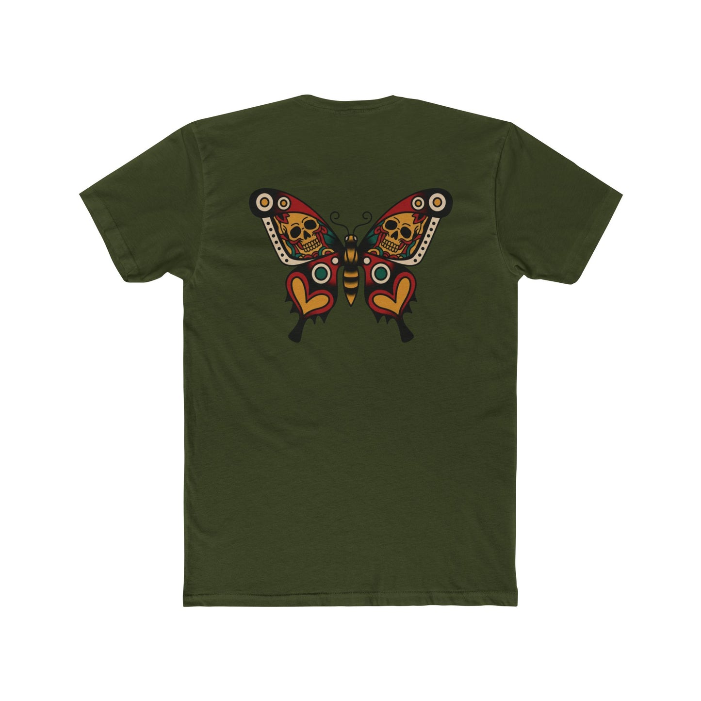 Moth & Skulls Crew Tee — Red Yellow & Green Graphic 'Quiet Promise' Cotton Tee