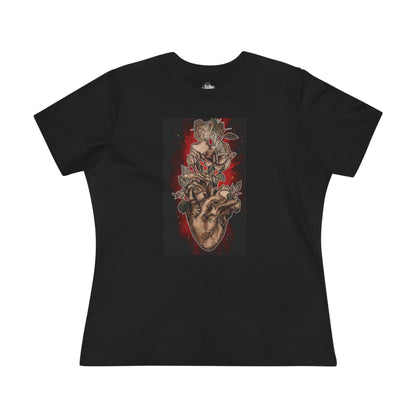 Anatomical Heart Tattoo Sephia w Red Burst Bella+Canvas Women's Cotton Tee