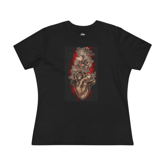 Anatomical Heart Tattoo Sephia w Red Burst Bella+Canvas Women's Cotton Tee