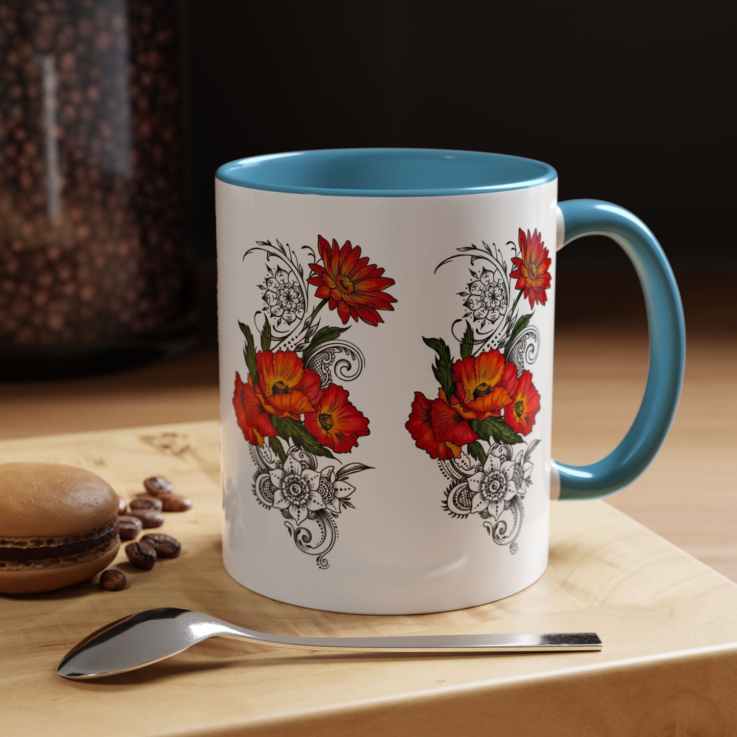 Orange & Red Poppy Flowers Original Tattoo Artwork - Coffee Mug (11oz & 15oz) Your choice of Interior & Handle choices