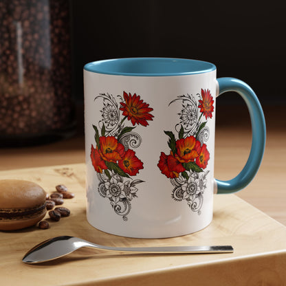 Orange & Red Poppy Flowers Original Tattoo Artwork - Coffee Mug (11oz & 15oz) Your choice of Interior & Handle choices