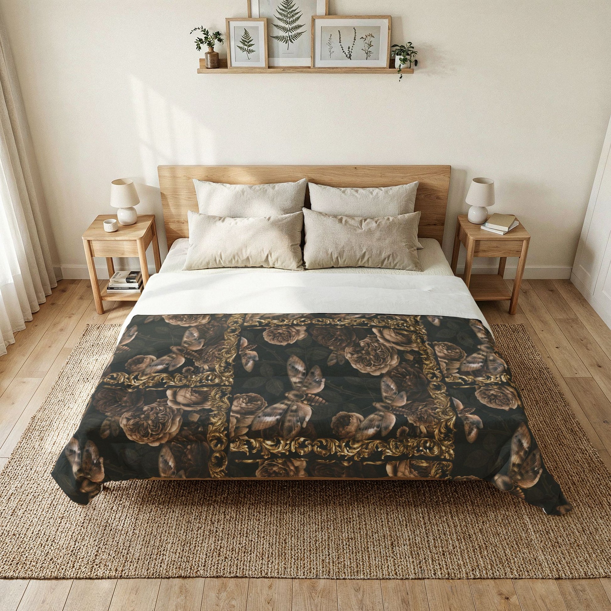 Bedroom with a bed featuring a green floral patterned  with moths on a duvet cover.