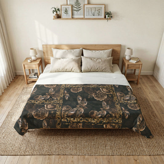 Bedroom with a bed featuring a green floral patterned  with moths on a duvet cover.