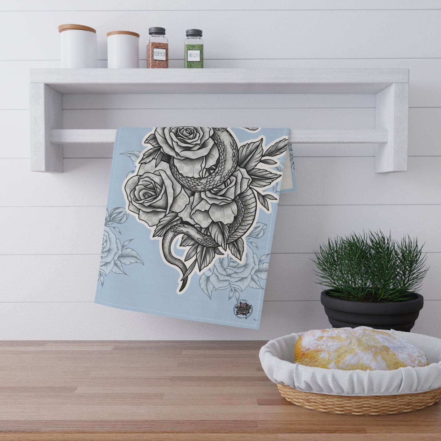 Snake and Roses Tea Towel — Vintage Botanical Sketch Kitchen Towel